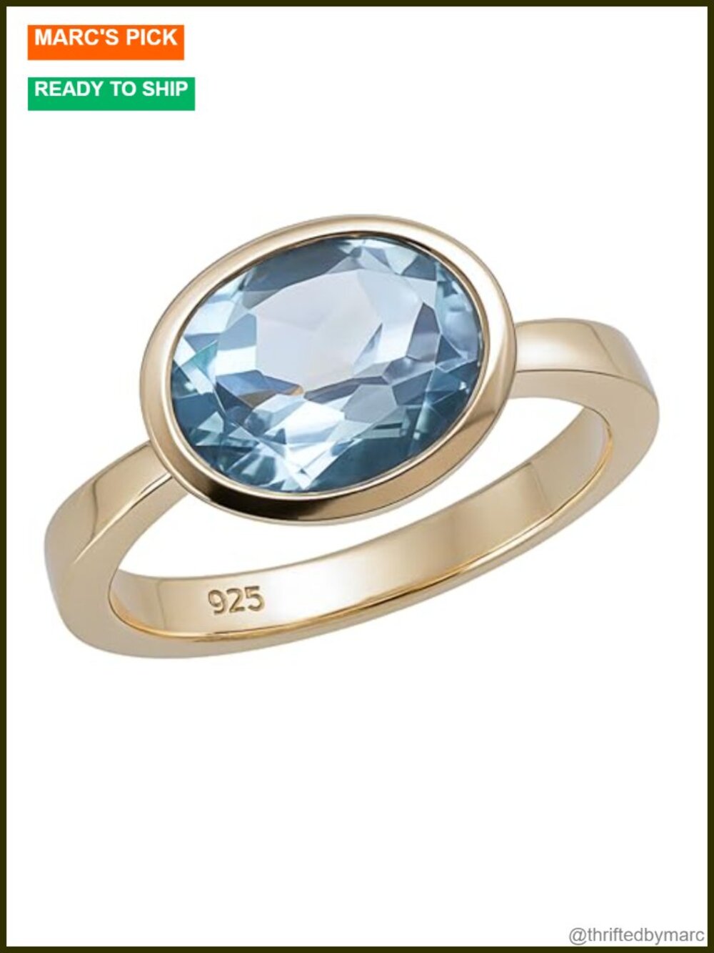 Sterling Silver Blue Topaz Ring, Oval 10x8mm, Gold Plated, Statement Jewelry